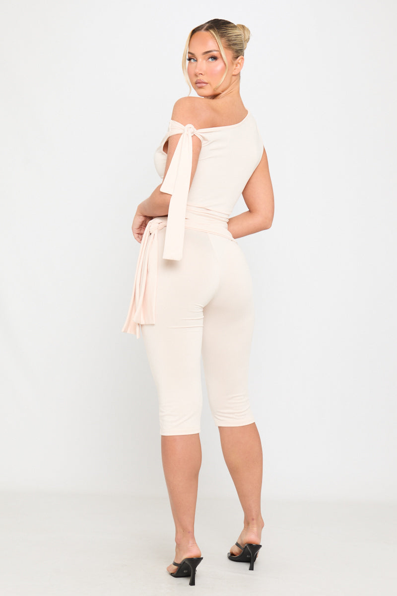 Cream One Shoulder Knot Detail Top & Capri Pants Co-Ord