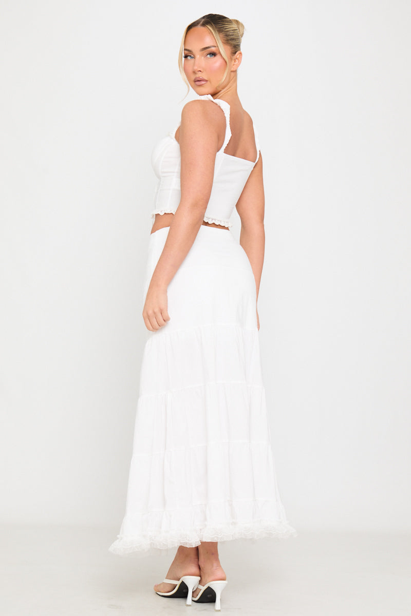 White Ruffle Trim Tiered Tie Detail Maxi Skirt