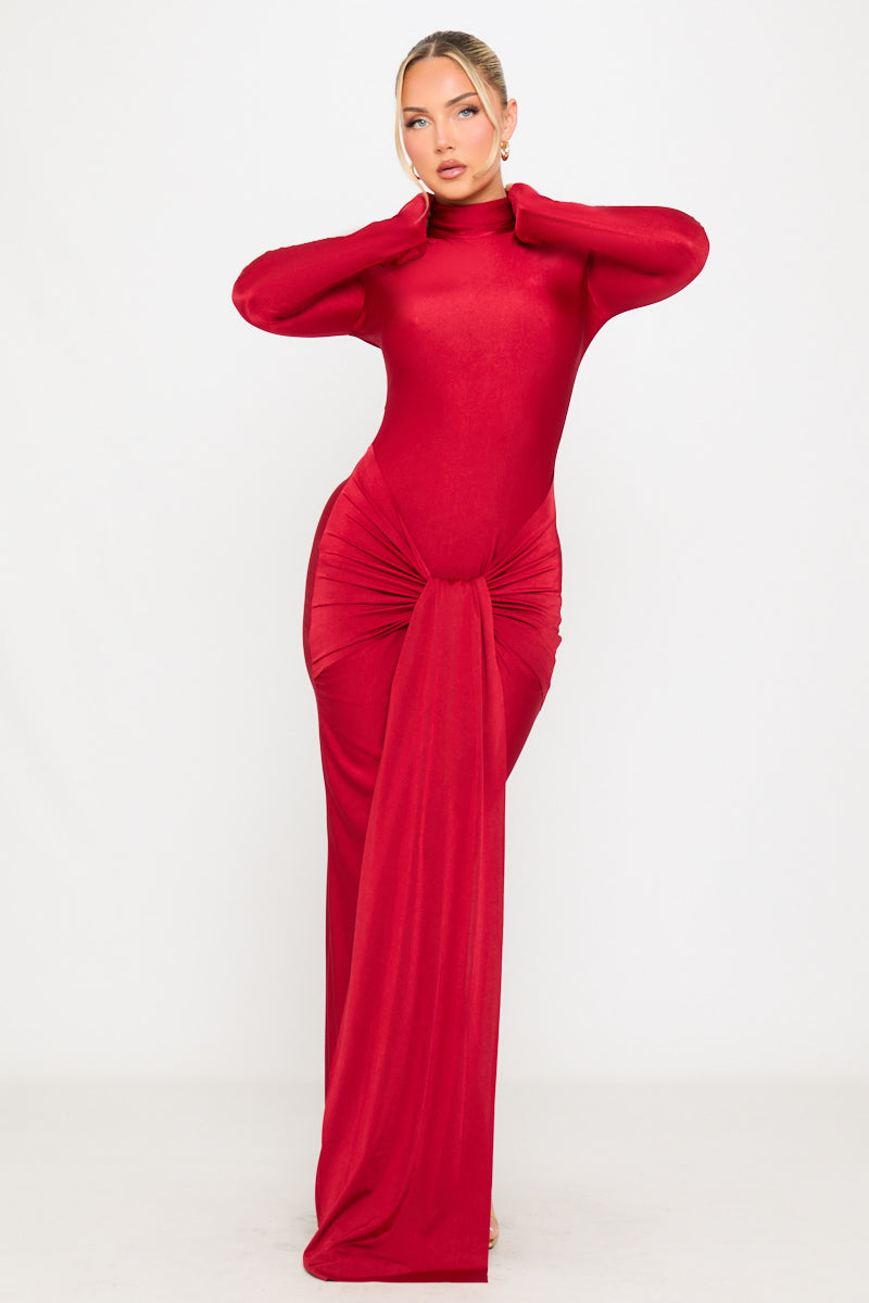 Red Turtle Neck Slinky Jersey Sarong Maxi Dress