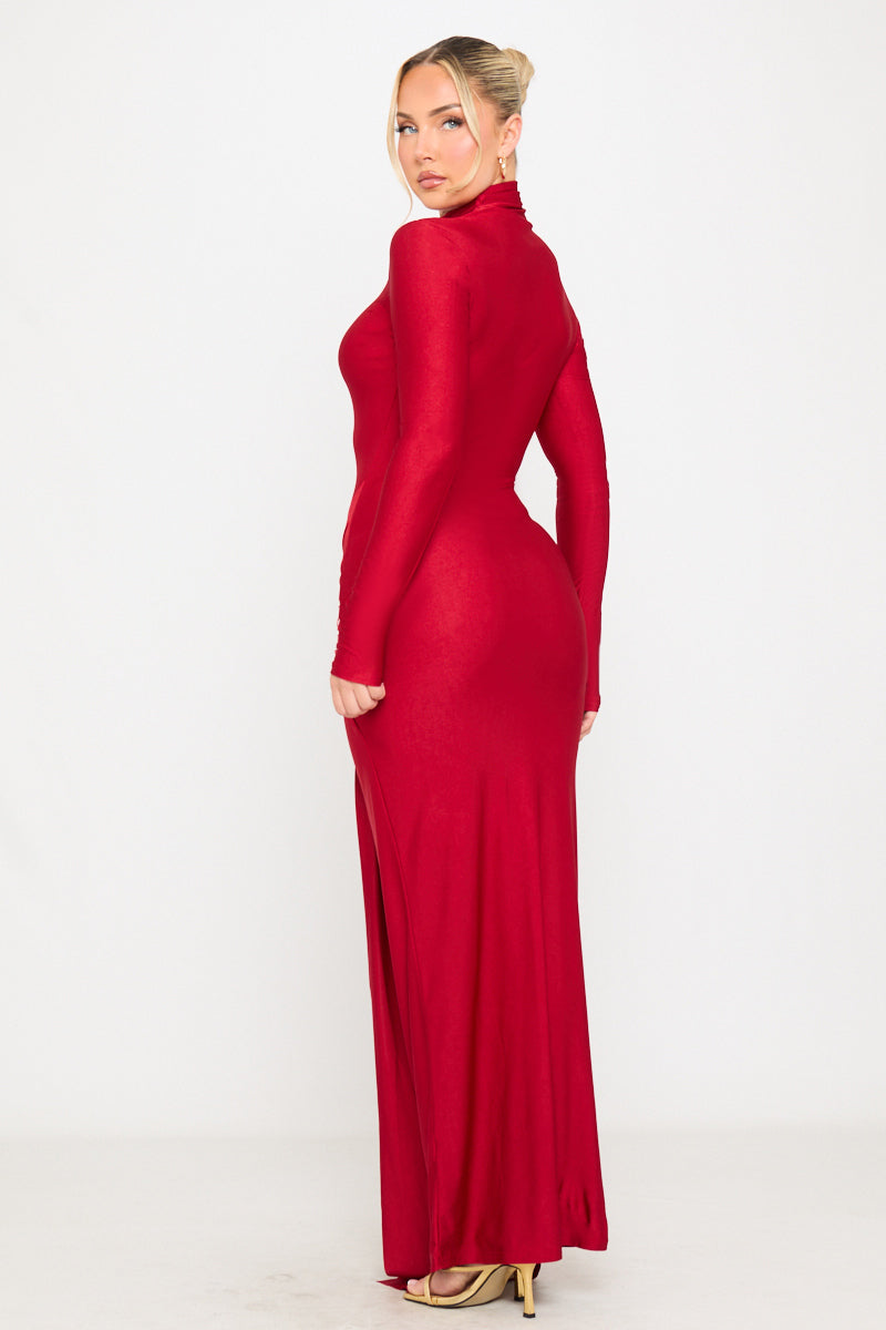 Red Turtle Neck Slinky Jersey Sarong Maxi Dress