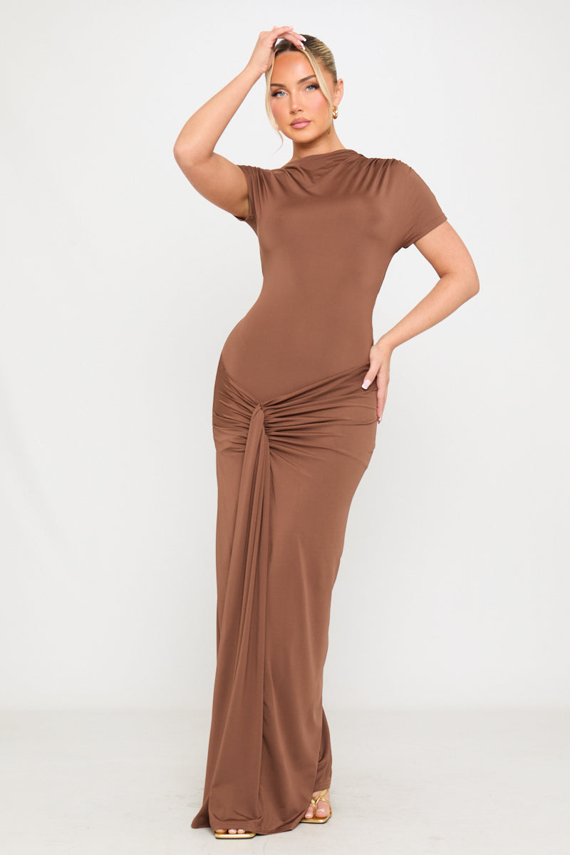 Brown Draped Asymmetrical Ruched Maxi Dress