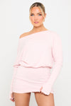 Pink Off Shoulder Knit Long Sleeve Mini Dress