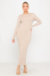 Beige Textured Knit Long Sleeve Maxi Dress