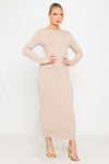 Beige Textured Knit Long Sleeve Maxi Dress