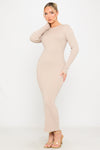 Beige Textured Knit Long Sleeve Maxi Dress