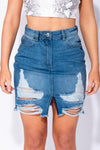 Mid Blue Distressed Denim Mini Skirt