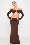 Brown Off Shoulder Top & Ruched Maxi Skirt Co-Ord