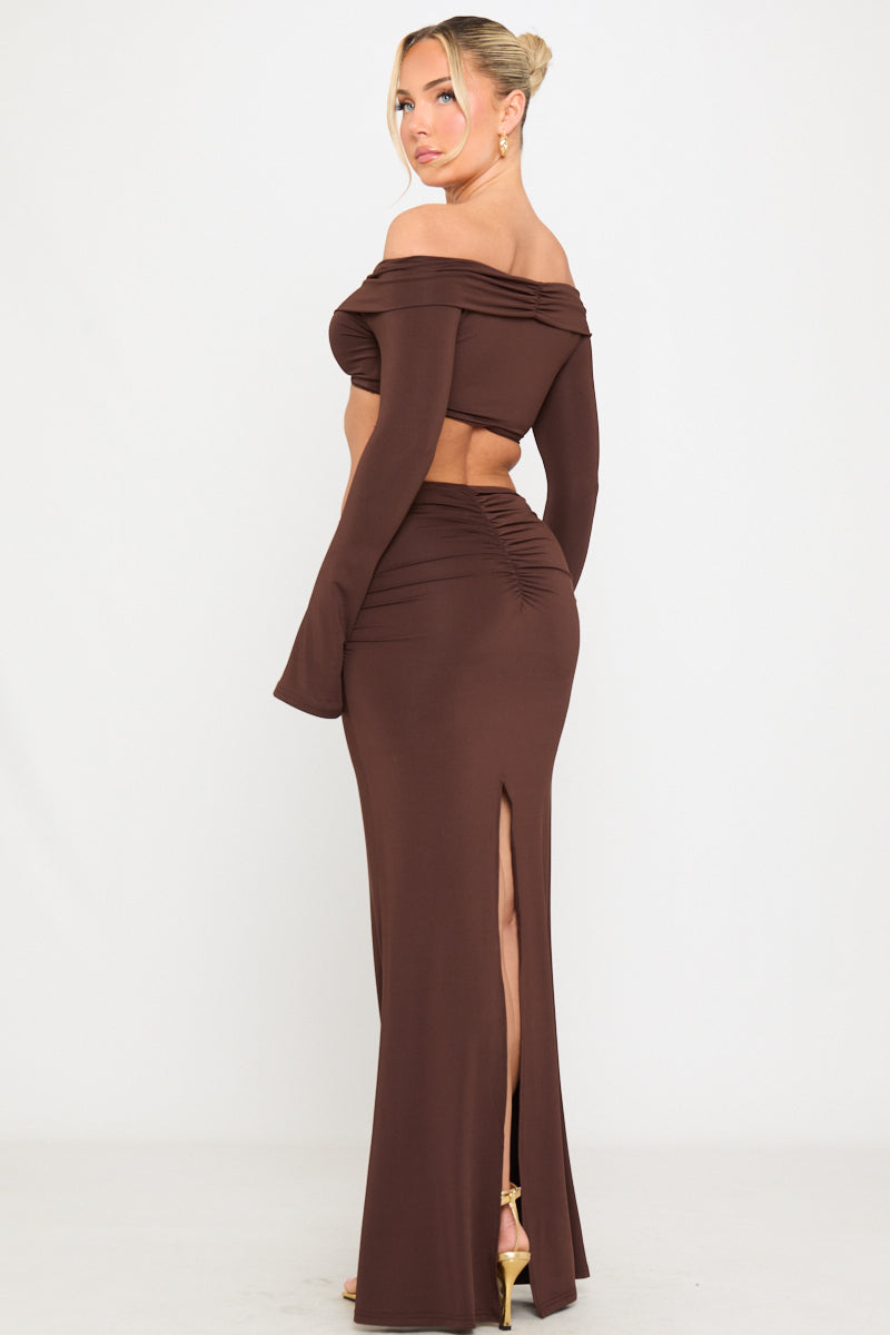 Brown Off Shoulder Top & Ruched Maxi Skirt Co-Ord