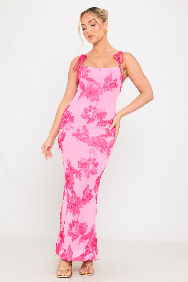 Pink Floral Embroidered Shoulder Tie Maxi Dress | Nothingbutstyle