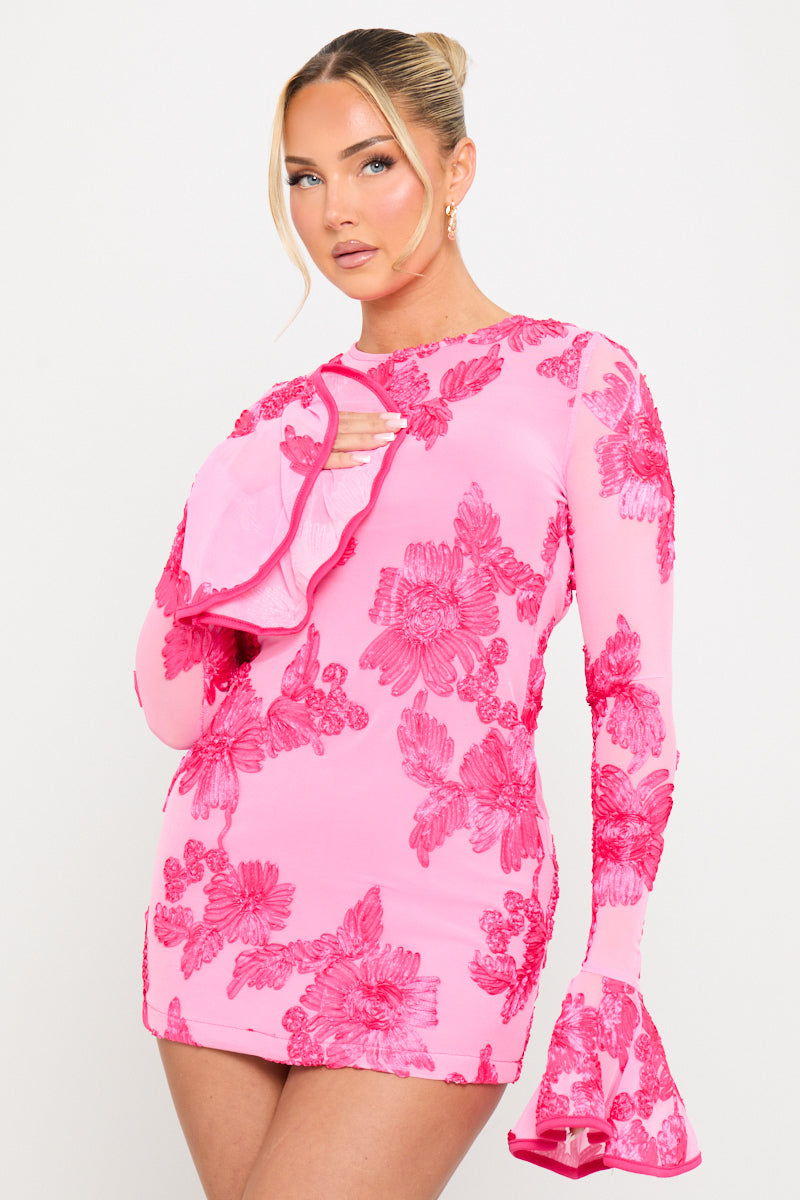 Pink Floral Embroidered Open Back Mini Dress