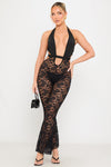 Black Sheer Lace Halterneck Plunge Flare Jumpsuit