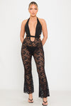 Black Sheer Lace Halterneck Plunge Flare Jumpsuit
