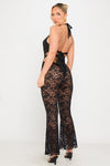 Black Sheer Lace Halterneck Plunge Flare Jumpsuit
