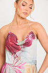 Multi Beaded Floral Print Backless Chiffon Maxi Dress