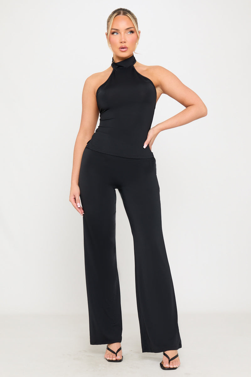 Black High Neck Halter Top & Wide Leg Trousers