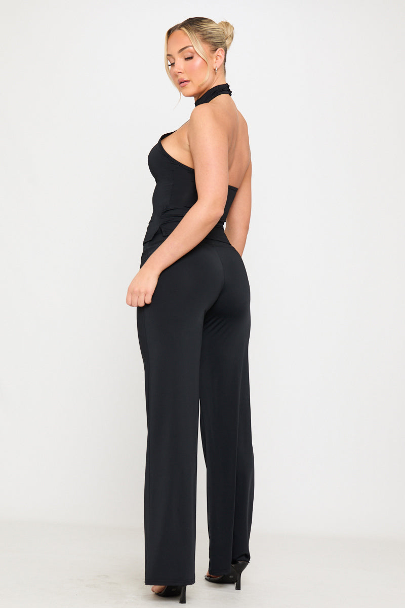 Black High Neck Halter Top & Wide Leg Trousers