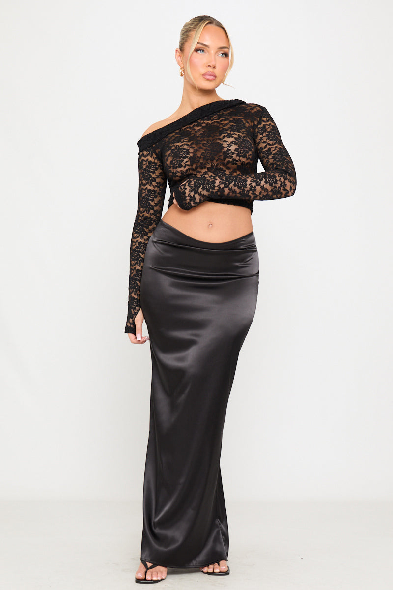 Black Sheer Floral Lace One Shoulder Long Sleeve Top