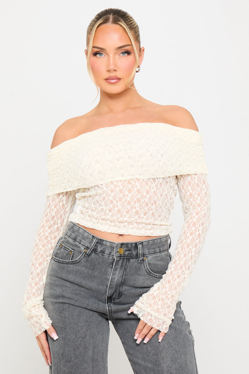 Cream Sheer Lace Off Shoulder Fold Over Top