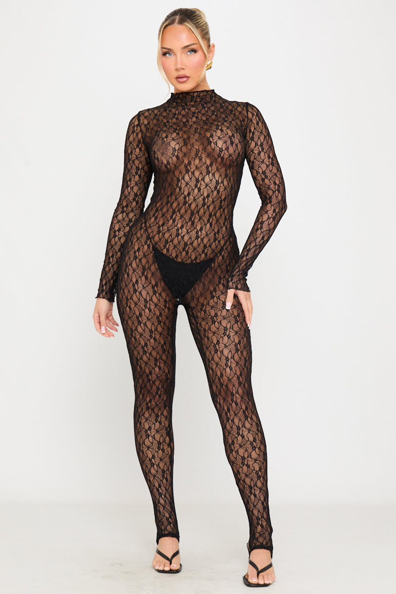 Black Sheer Lace High Neck Long Sleeve Jumpsuit