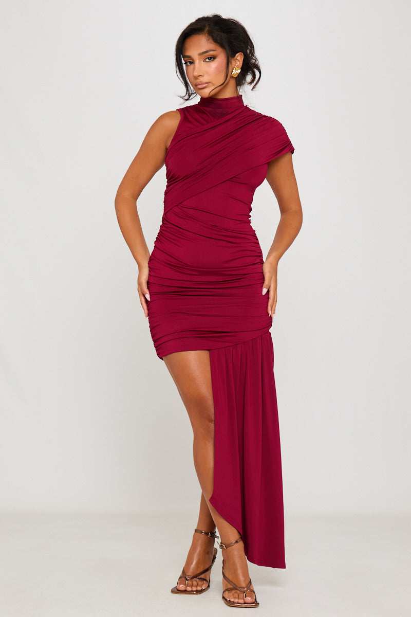Burgundy High Neck Ruched Draped Mini Dress