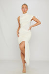 Cream High Neck Ruched Draped Mini Dress