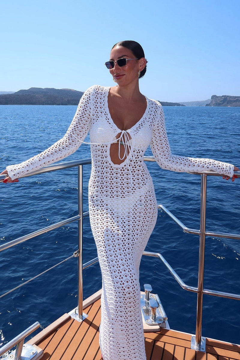 White Crochet Tie Front Long Sleeve Maxi Dress