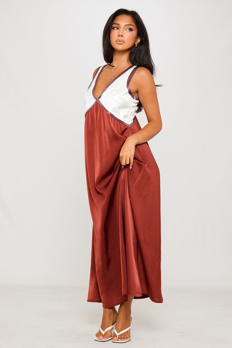 Brown Satin Contrast V-Neck Sleeveless Maxi Dress