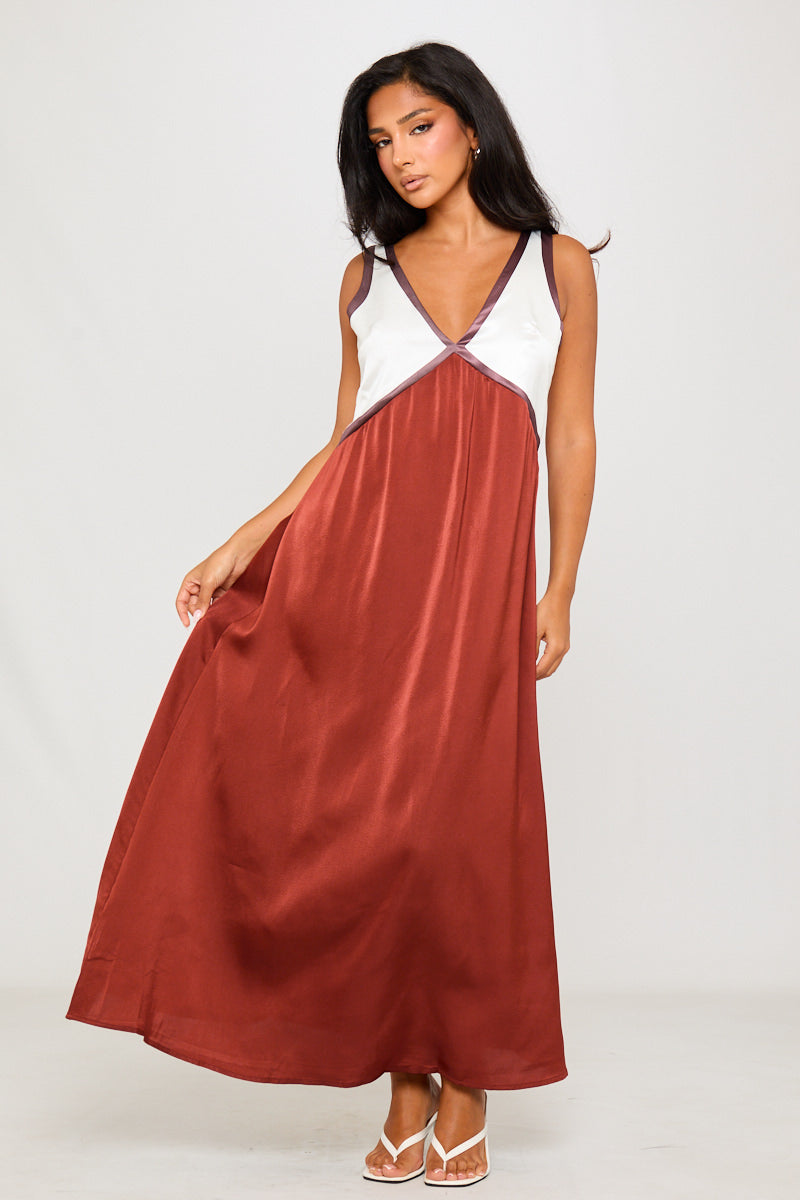 Brown Satin Contrast V-Neck Sleeveless Maxi Dress
