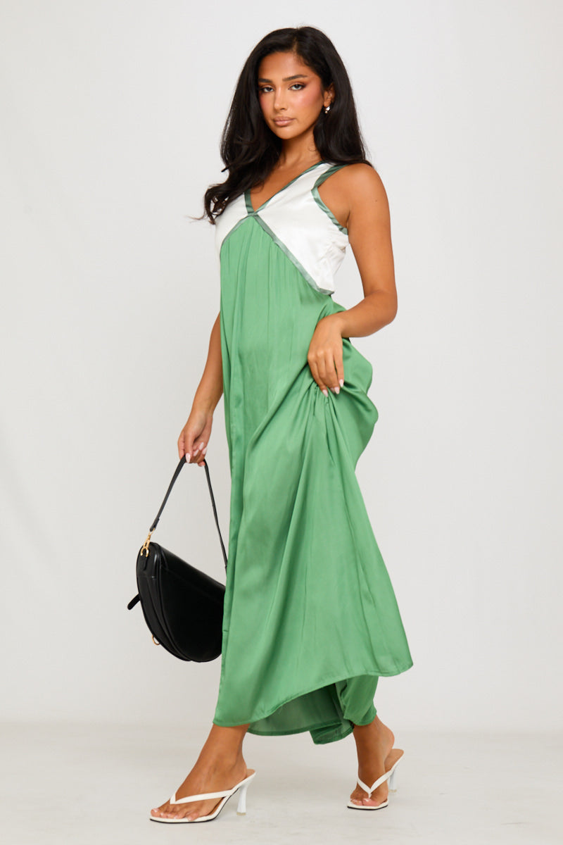 Green Satin Contrast V-Neck Sleeveless Maxi Dress