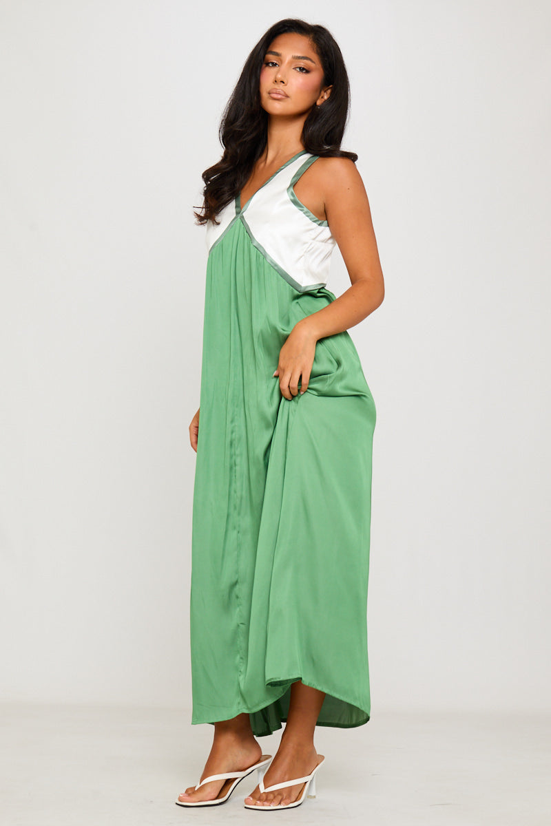 Green Satin Contrast V-Neck Sleeveless Maxi Dress