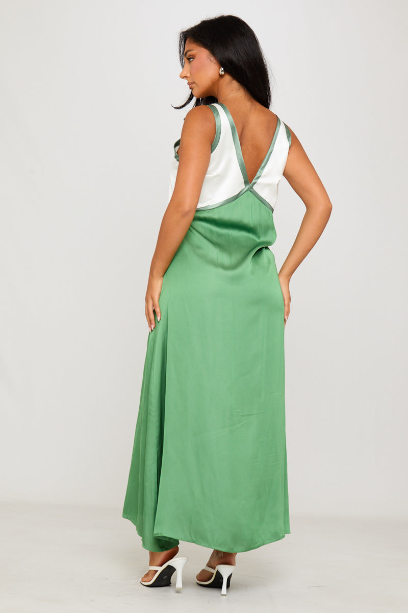 Green Satin Contrast V-Neck Sleeveless Maxi Dress