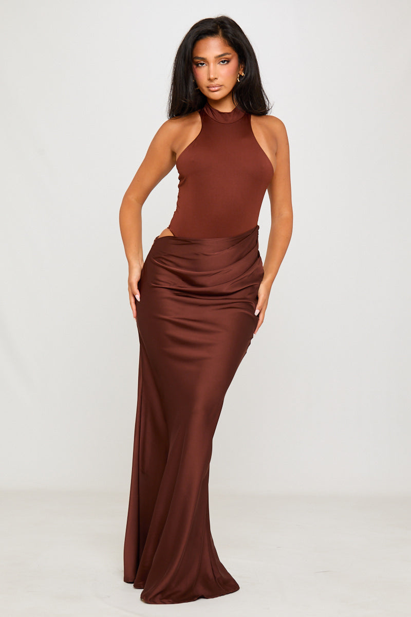 Brown Mock Neck Draped Asymmetric Maxi Dress