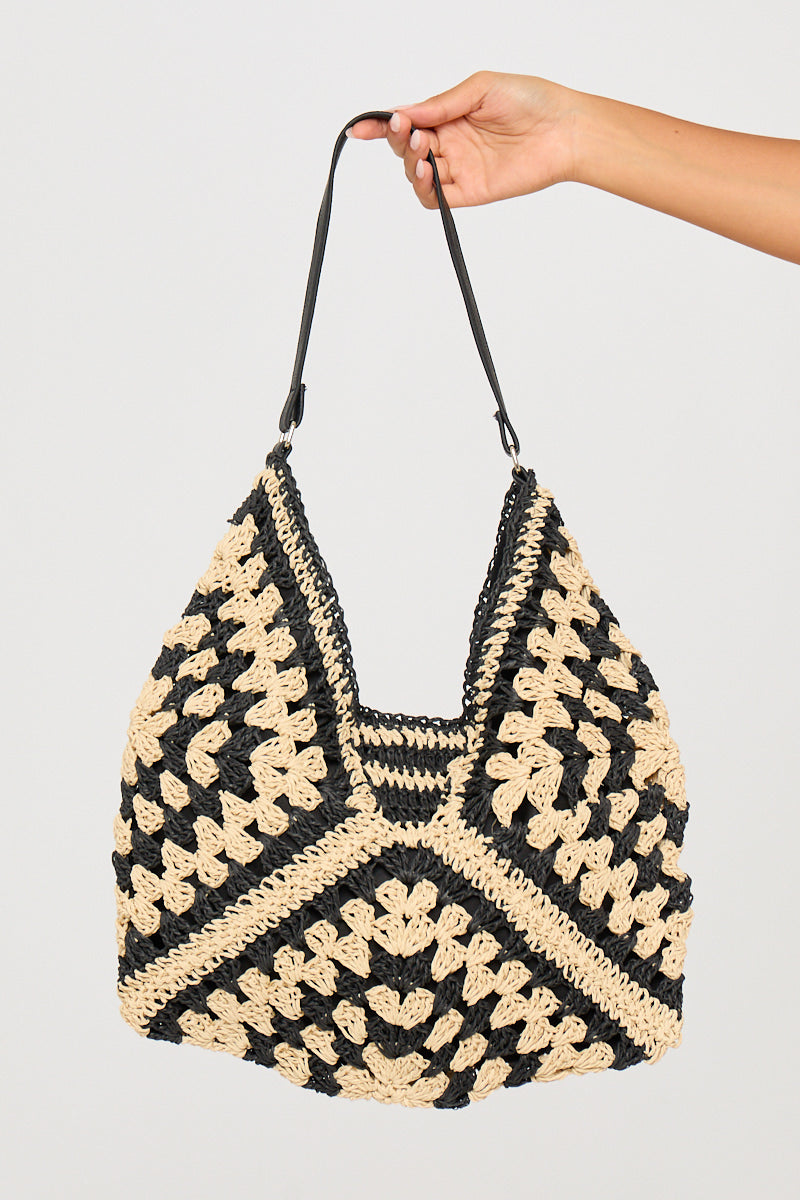 Black Straw Woven Tote Bag