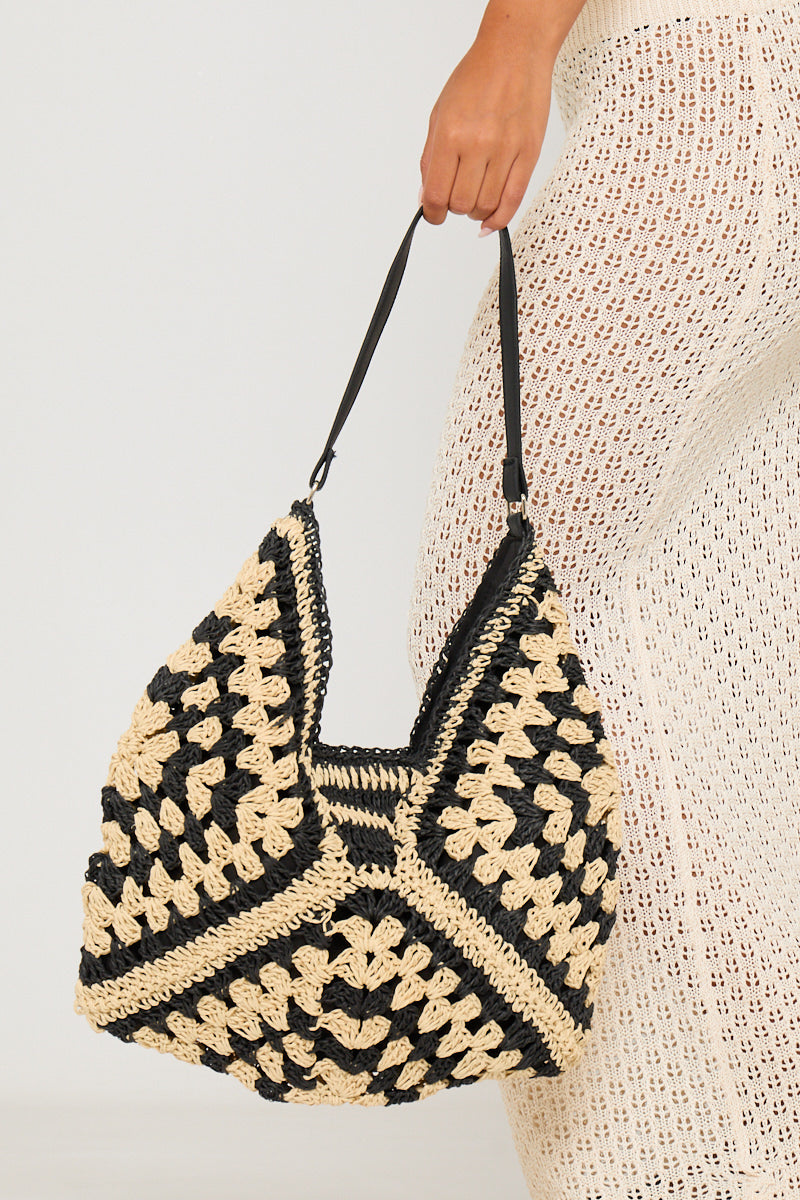 Black Straw Woven Tote Bag