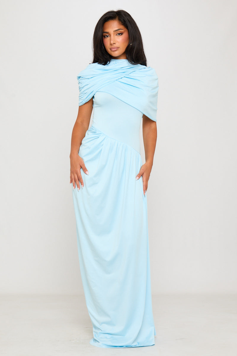 Baby Blue Draped Asymmetric Pleated Maxi Dress