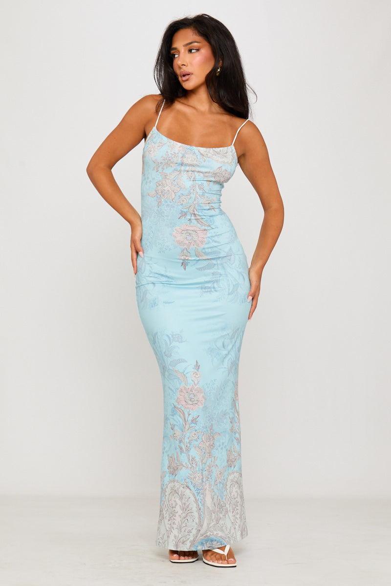 Light Blue Floral Print Stappy Maxi Dress