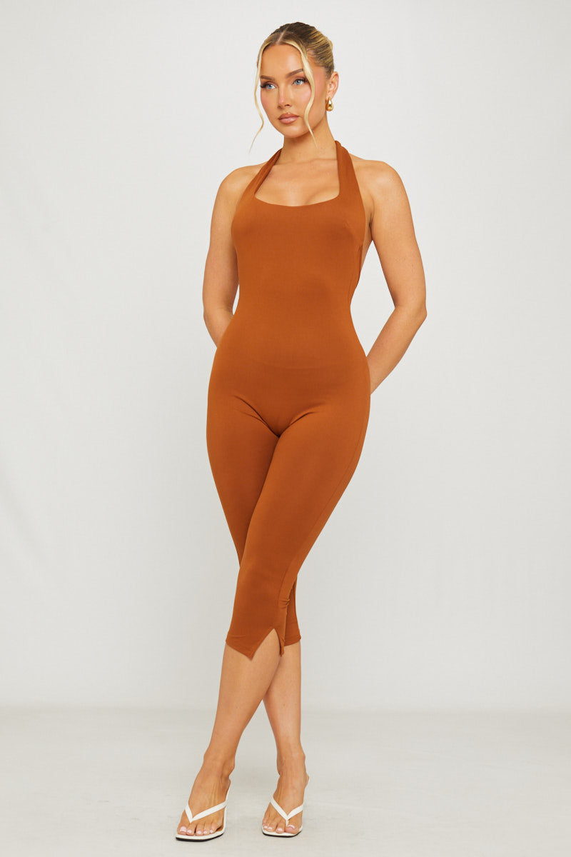 Brown Halter Neck Open Back Capri Jumpsuit