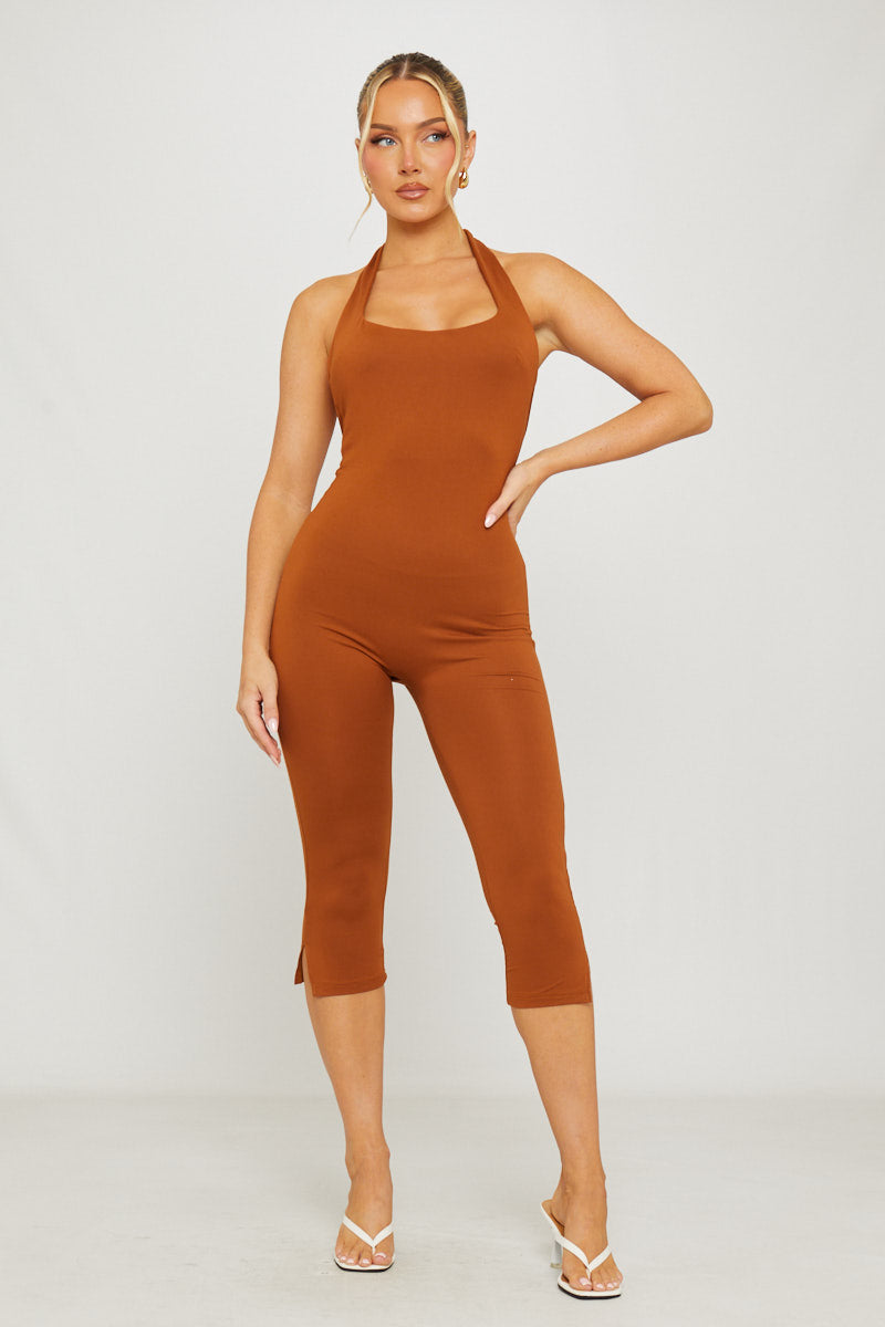 Brown Halter Neck Open Back Capri Jumpsuit