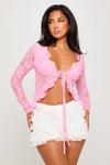 White Lace Ruffle Detail Tie Front Top