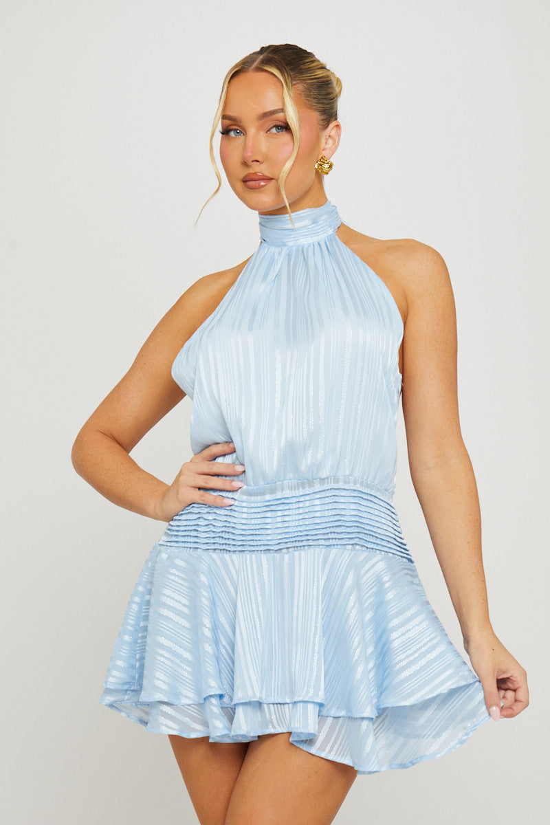 Light Blue Chiffon Halter Neck Tiered Mini Dress