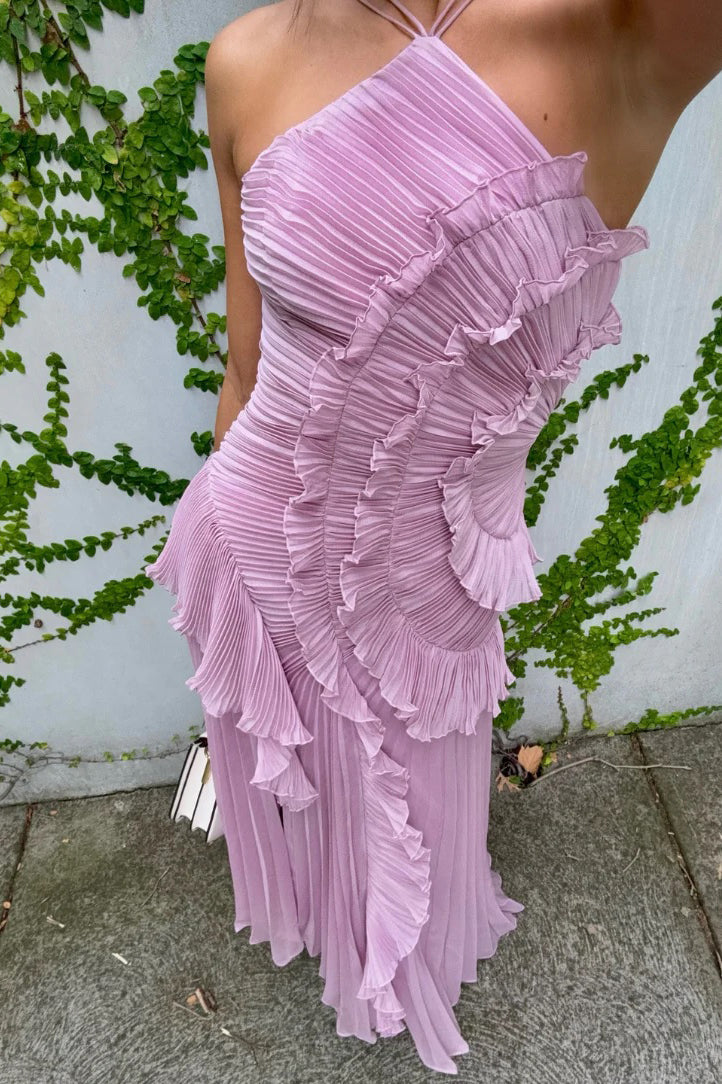 Pink Halterneck Ruffle Asymmetric Gown Dress
