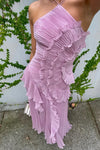 Pink Halterneck Ruffle Asymmetric Gown Dress
