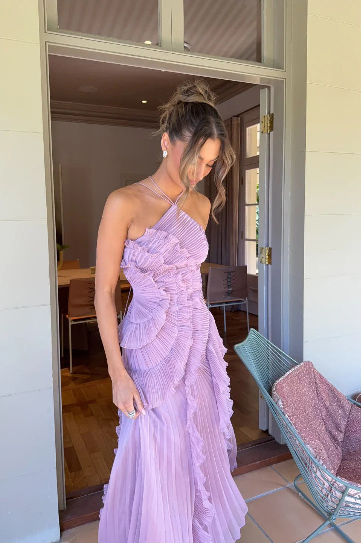 Pink Halterneck Ruffle Asymmetric Gown Dress
