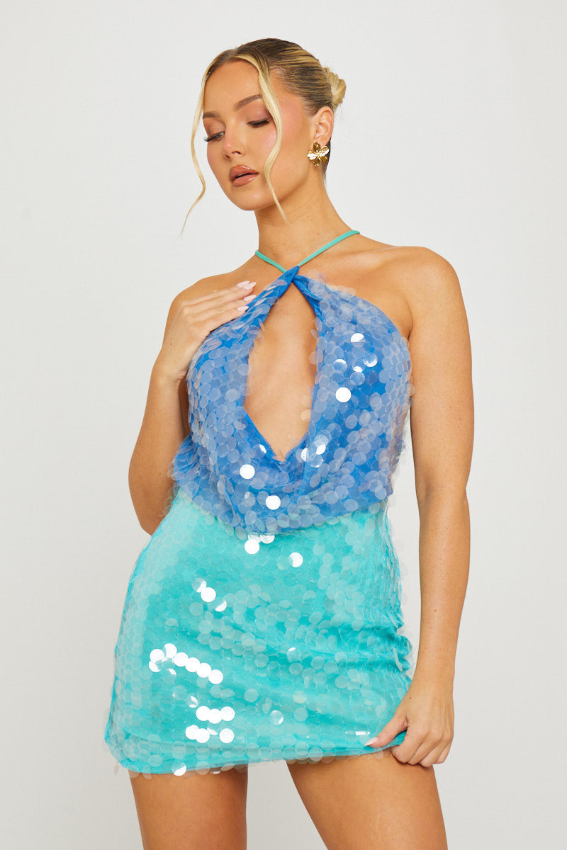 Blue & Green Ombre Sequin Halter Mini Dress