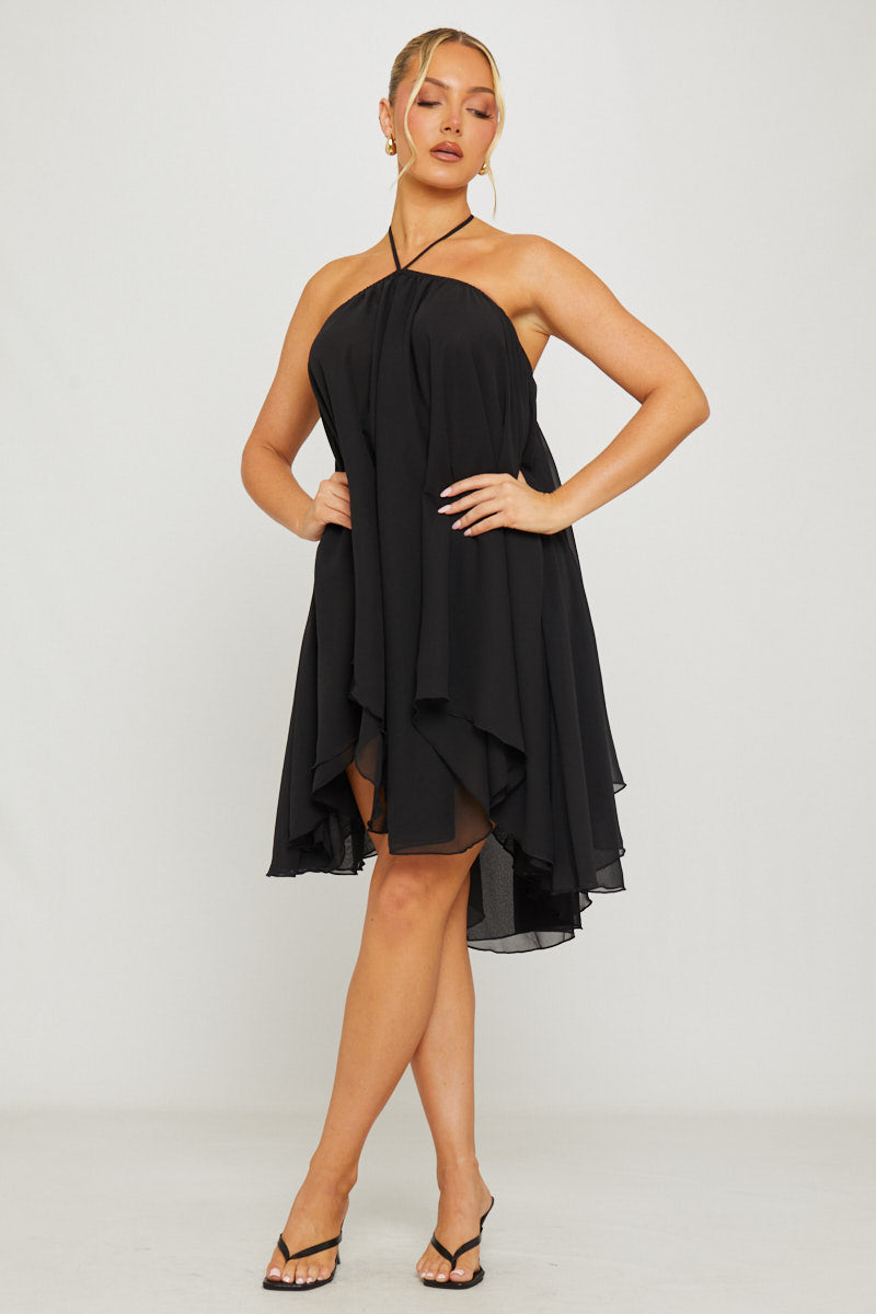 Black Chiffon Halter Asymmetric Mini Dress