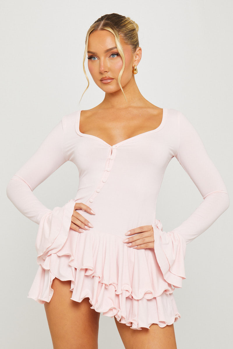 Pink Flare Sleeve Ruffle Pleated Mini Dress