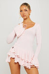 Pink Flare Sleeve Ruffle Pleated Mini Dress