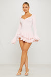 Pink Flare Sleeve Ruffle Pleated Mini Dress