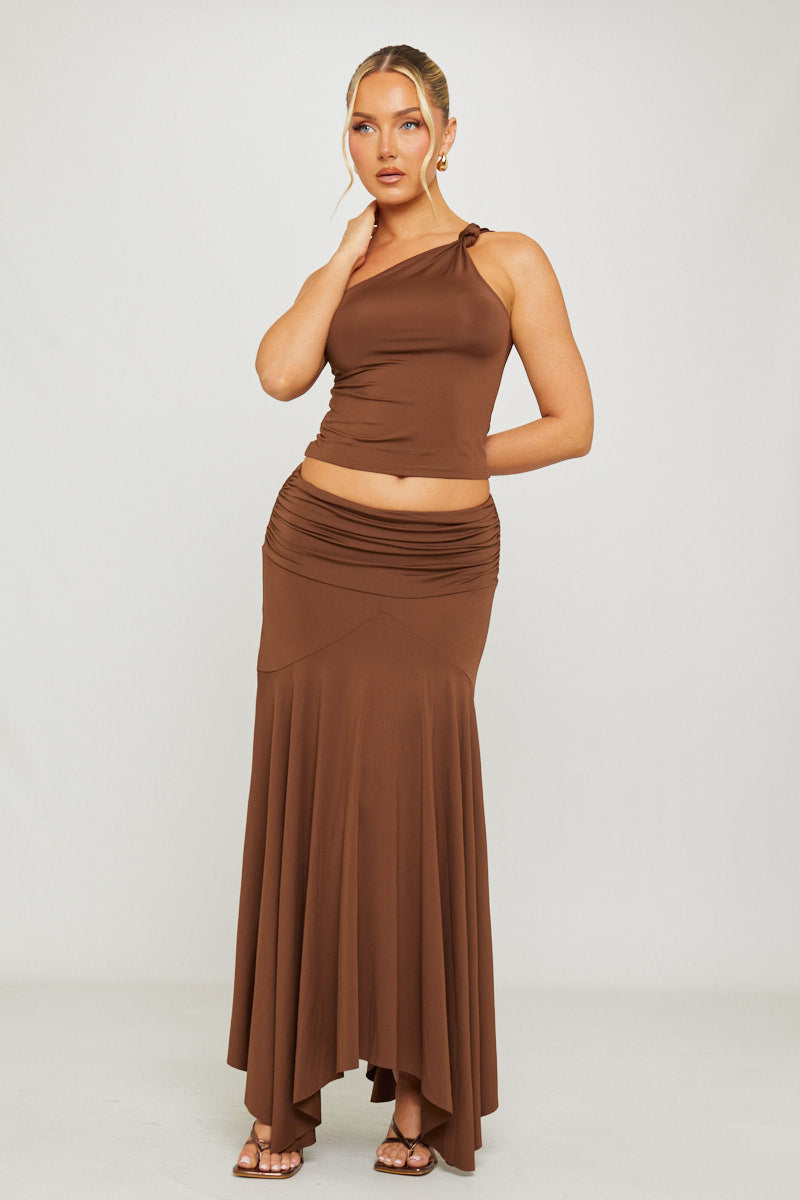 Brown One Shoulder Top & Pleated Maxi Skirt Co-Ord
