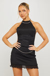 Black Pleated Pearl Detail Top & Mini Skirt Co-Ord